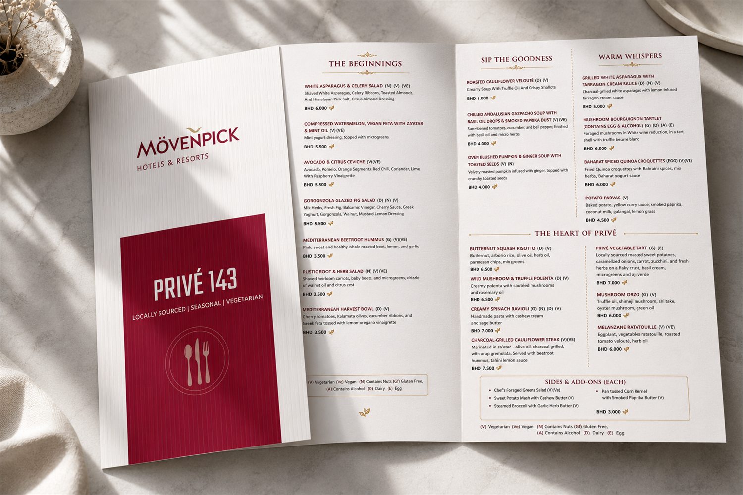 Privé 143 menu designed for Mövenpick Hotels & Resorts